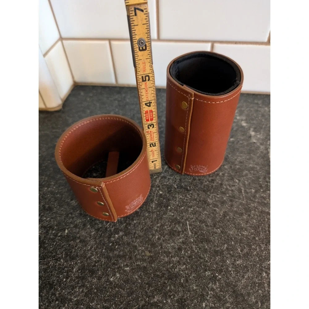 Col. Littleton Leather Koozie Set Brown Steerhide Drink Sleeves Brass Snaps